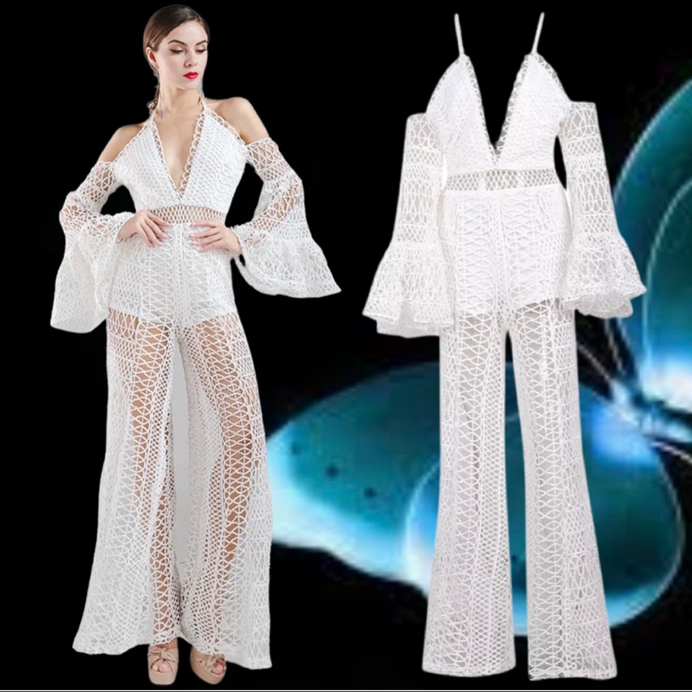 Rare Crochet Lace Bell Flare Sleeve Wide Pants Open Shoulder Jumpsuit